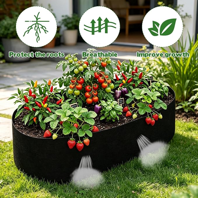 2 Sets Raised Garden Bed Liner Bag, 4 x 2 x 1 ft Oval Breathable Grow Bed Fabric Liners with Clips Gloves, Garden Grow Bed Bag Grow Planter Bags Plant Bed for Planting Vegetables Flowers and Herbs