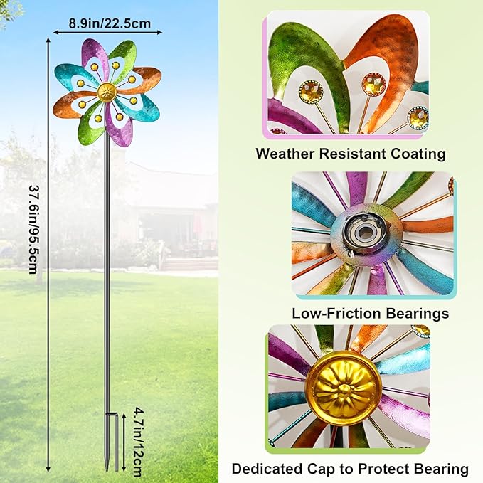 Metal Wind Spinners Outdoor, 360° Wind Sculpture Spinner with Metal Stake, Waterproof Spinners Green Kinetic Wind Spinner for Yard Lawn Decor (A- Colourful 1PC)