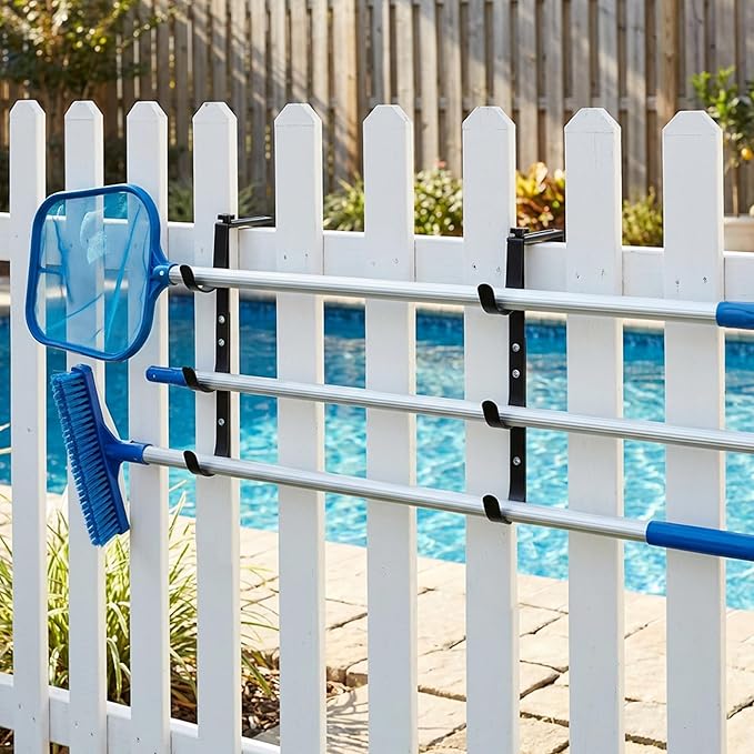 2 Pcs Three-layer Pool Fence Hooks for Pool Equipment, Adjustable Pool Pole Hanger Holder, Rustproof Swimming Pools Skimmer Pole Hooks for Hanging Tool, Hose, Leaf Rakes, Nets Pool-Accessories (Black)