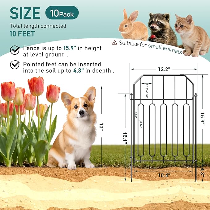 Goovilla Garden Fence, Total 10ft(L) x 21in(H) Garden Fencing Animal Barrier, 10 Pcs Rustproof Metal Wire No Dig Fence Panels, Black Decorative Garden Fences and Borders for Dogs, Flower Bed, Patio