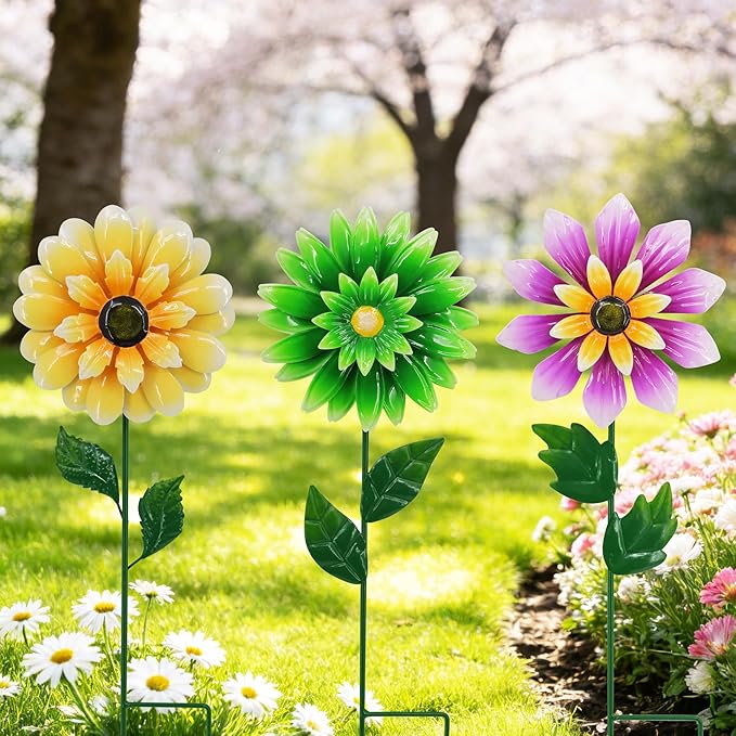 3 Pack Metal Flower Wind Spinner for Yard, 18in Outdoor Garden Stake with Retro Floral Design, Kinetic Patio Lawn Art, Weather Resistant Spring Decor