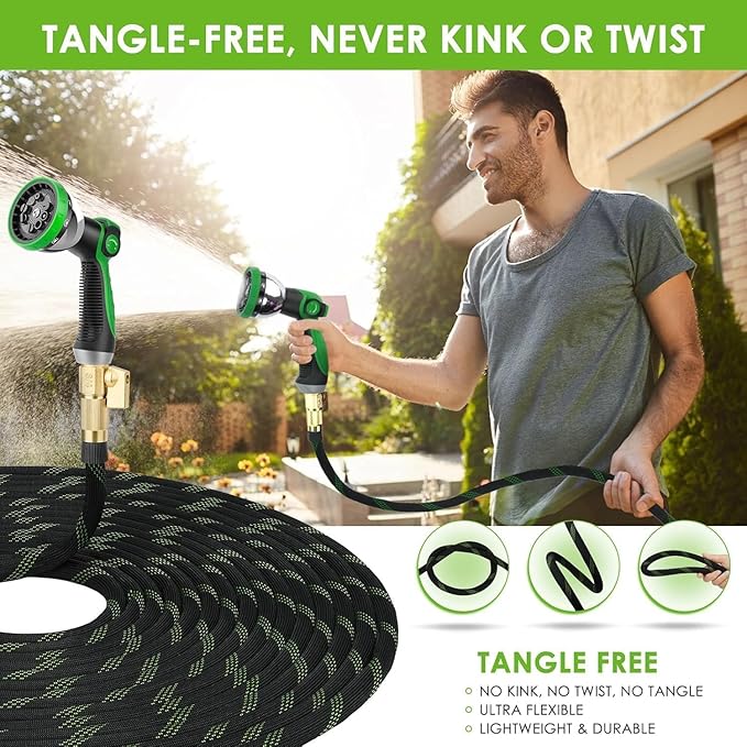 FlexiSolve Non-Expandable Garden Hose 100 ft, Ultra Lightweight & Flexible Water Hose With 10-Pattern Spray Nozzle, Full Length Leak-Proof Design, High-Density Fabric & Shut-Off Valve, Hose Straps