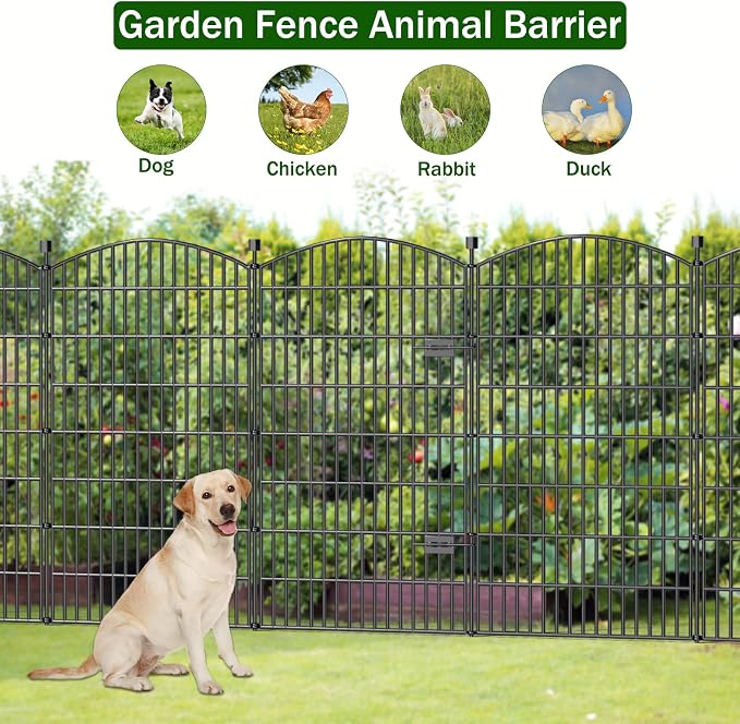 10 Panels No Dig Decorative Garden Fence with Gate - 48 in (H) x 22.6 ft (L), Dog Fence Outdoor for Yard, Rustproof Metal Animal Barrier Ground Stakes Fencing for Garden, Patio, Flower Bed