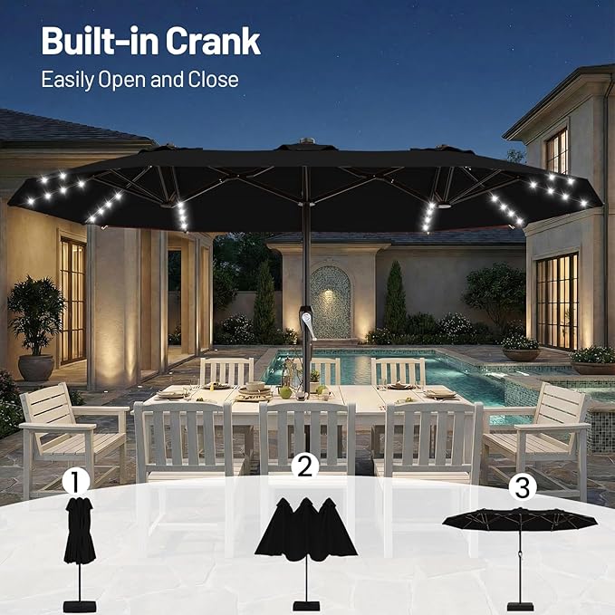 AreShark 15FT Patio Umbrella with Solar Lights, Double Sided Outdoor Table Umbrellas with Crank, Large Rectangular Market Umbrella for Porch, Lawn, Pool, Backyard, Black