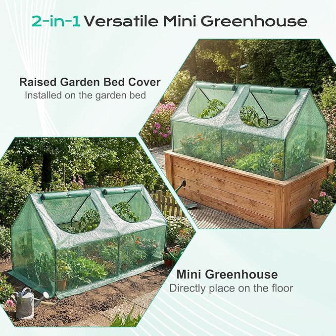 BPS 4x2x2 ft Mini Greenhouse with Green PE Cover UV-Protected Roll-Up Zipper Windows, Ideal for Indoor or Outdoor Use on Raised Garden Beds