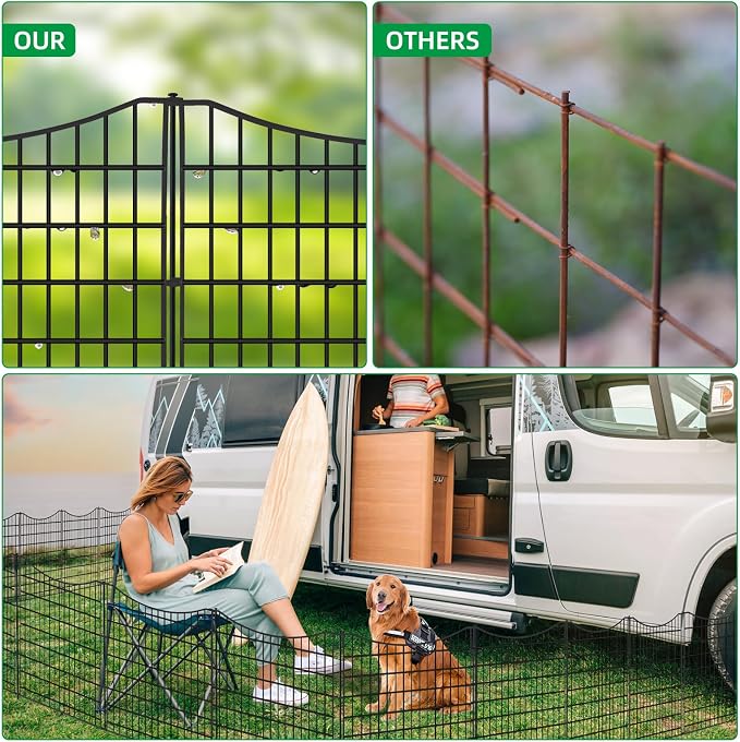 12 Panels No Dig Decorative Outdoor Garden Fence, 26.4 in(H) X 25.5 ft(L) Animal Barrier Fencing, Rustproof Metal Wire Panel Border, Temporary Ground Stakes for Patio, Outdoor