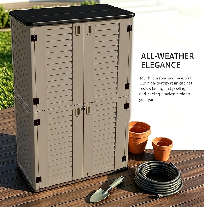 Outdoor Storage Shed 66 cu.ft, Waterproof Resin Vertical Cabinet Double-Layer for Patio Furniture, Garden Tools, Lawn Mower, Pool Accessories, UV Resistant for Yard Balcony – Shelves Not Included