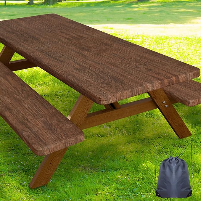 Smiry Picnic Table Cover with Bench Covers, Waterproof Elastic Fitted Tablecloth for 5 Foot Tables, Washable Polyester Tablecloths for Camping, Indoor & Outdoor (Brown, 30x72 Inch 3-pc Set)