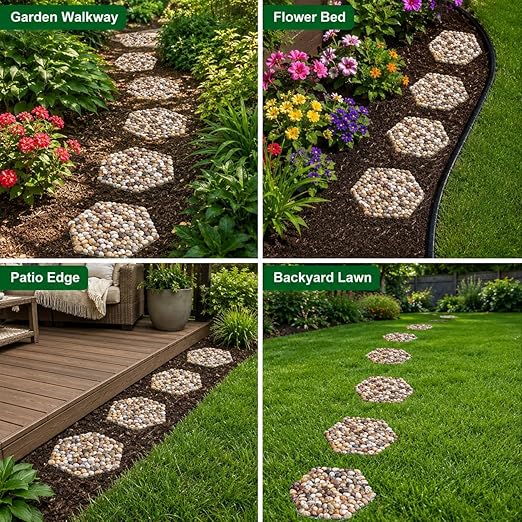 Stepping Stones Outdoor, Natural River Rock Garden Pavers, Set of 6 Round Pebble Stones for Walkway, Yard, Lawn, Patio, Pathway & Landscaping Decor (Hexagon)