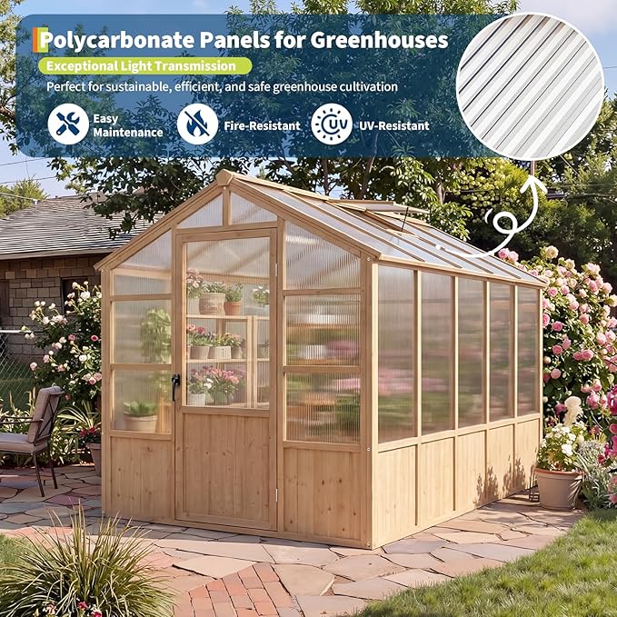 GarveeLife 6'x10' Wooden Greenhouse for Outdoor, Large Walk-in Greenhouse Kit with Ventilated Window, Door & Polycarbonate Panels, Heavy Duty Wood Frame Green House for Patio Garden Backyard