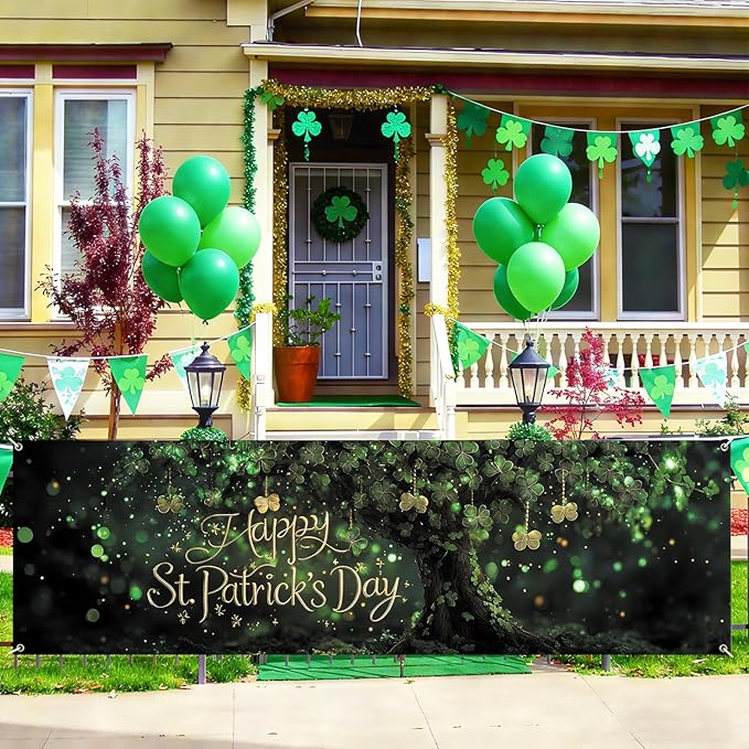 Happy St. Patrick’s Day Fence Banner 118 x 35 Inch, Large Waterproof Outdoor Irish Clover Tree Banner with Gold Script for Yard Porch Fence Party Decorations