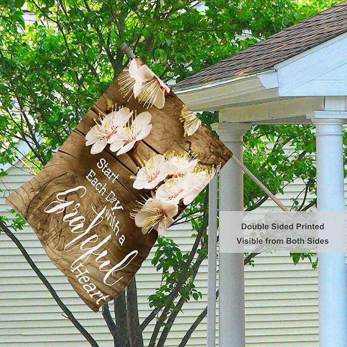 Mugod Start Each Day with A Grateful Heart Burlap House Flag 28x40 Inch Double Sided, Pink Floral Branches Large Yard Flag for Outdoor Farmhouse Holiday Decoration