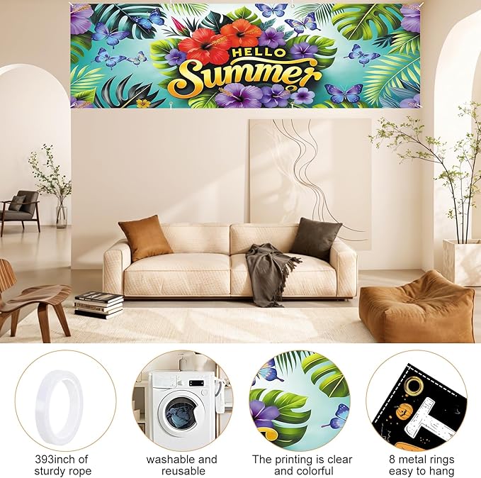 10x3 ft Extra Large Summer Flower Banner Outdoor 115''x35'' Hello Summer Banner for Fence Outside Garden Large Flower Banners Yard