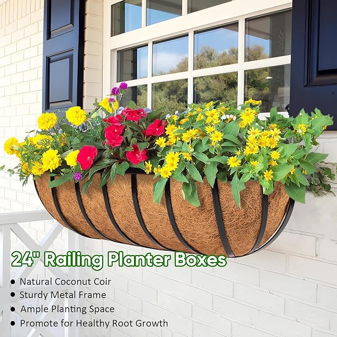 LCHUANG Railing Planter Window Box - 2 Pack 24 Inch Deck Balcony Rail Planter with Coconut Coir Liner, Fence Metal Hanging Flower Basket Deck Railing Planter Boxes for Outdoor Garden