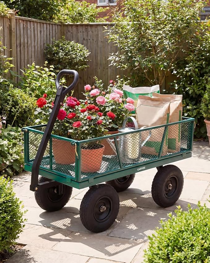 Garvee Versatile Outdoor Utility Cart-1200LBS Heavy-Duty, 13" All-Terrain Pneumatic Tires, Vehicle-Connectable, Easy Maneuverable Lawn Cart with Removable Mesh Panels for Gardening & Landscaping,Green