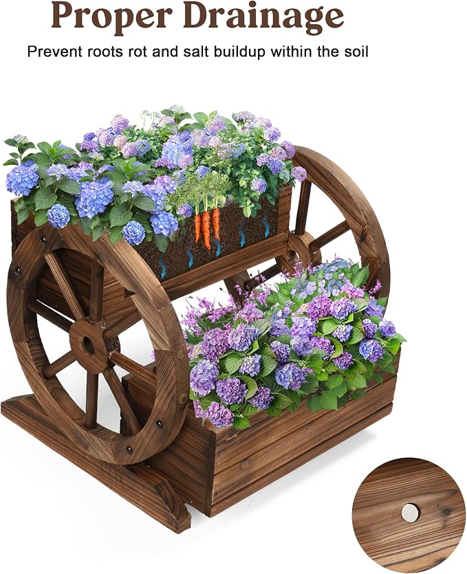 OIPRTGFJ Wooden Wagon Planter Box, Garden Planter with Wheels,Decorative Planter for Flowers Herbs Vegetables for Indoor & Outdoor Décor, Flower Cart for Patio Garden Balcony