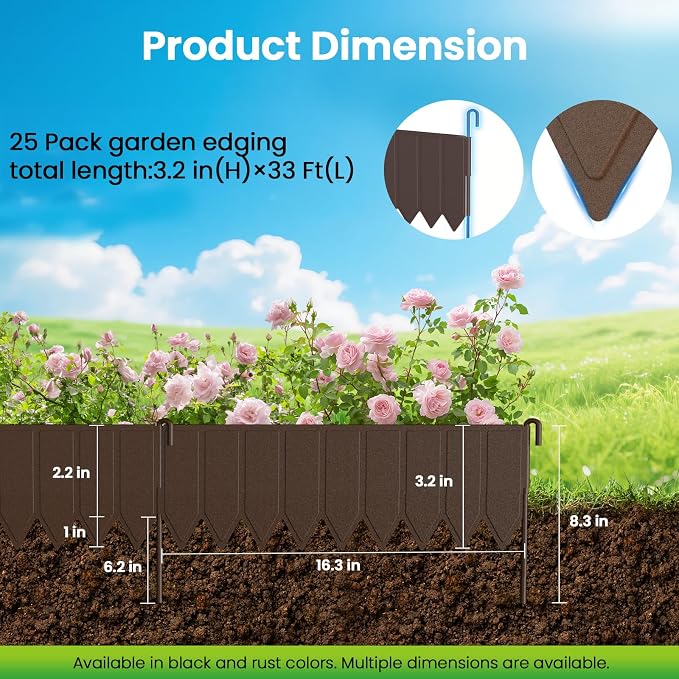 25 Panels Modular Metal Garden Edging 3.2in (H) x 33 ft (L)–Landscape Edging with 26 Stakes, Adjustable 0-270°for Curved Lawn & Flower Bed Borders, No Dig Metal Edging for Landscaping (Rust)