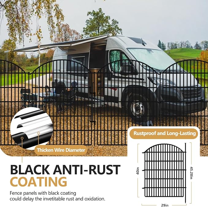 5 Panels Garden Fence Animal Barrier with Lock, 40in (H) x 12ft (L) Dog Fences Outdoor for Yard No Dig Rustproof Decorative Tall Metal Panel Border Rabbits Temporary Ground Stakes Fencing