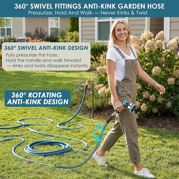 FlexiSolve Garden Hose 75 ft, Non-Expandable Lightweight Water Hose, 360° Swivel Anti-Kink Fittings, 10-Pattern Spray Nozzle & Shut-Off Valve, Flexible Water Hose for Yard, Lawn, Car Wash, Blue