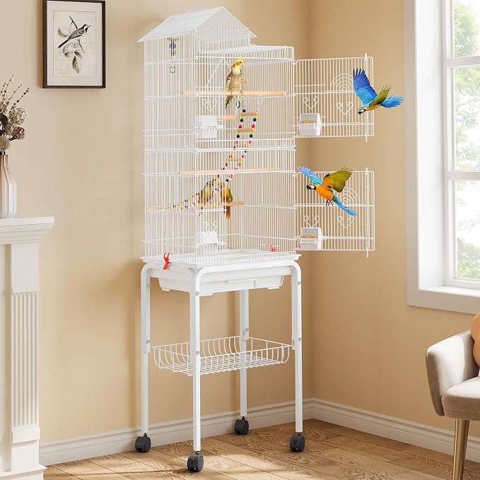YITAHOME 62 inch Metal Bird Cage, Large Parakeet Cages | Bird Cage for Parrot, Cockatiel, Lovebird, Pigeon with Roof Top, Rolling Stand and Hanging Accessories, White