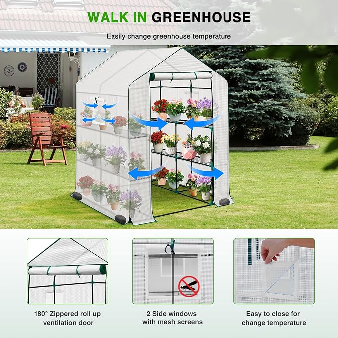 Yesker Greenhouse 57.5"x57"x77" Walk in Green House - Large Outdoor/Indoor Greenhouses with 8 Shelves Waterproof PE Cover & Windows, Portable Greenhouse Kit for Winter Backyard Gardening Patio, White