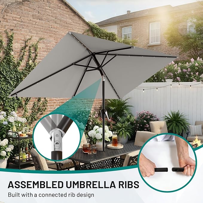 AreShark 6.5' x 10' Rectangular Patio Umbrella with Solar Lights, Solar Powered Lighted Market Umbrella w/Tilt and Crank, Outdoor Table Umbrella for Garden, Deck, Backyard, Pool and Beach, Light Gray