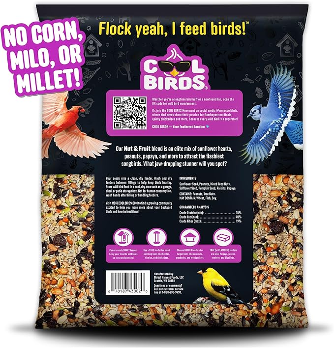 Cool Birds Nut & Fruit Wild Bird Seed – 10 lb. Gourmet Bird Food with Sunflower Hearts, Peanuts, Tree Nuts & Real Fruit – No Corn, Milo or Millet Bird Seed for Outside Feeders