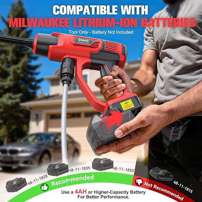 Cleaning Tool Compatible with Milwaukee 18V Battery, 2.2LBS, with 16.4ft Hose & 6-in-1 Nozzle + Attachment for Car, Patio, Fence (Battery not Included, Tool Only)