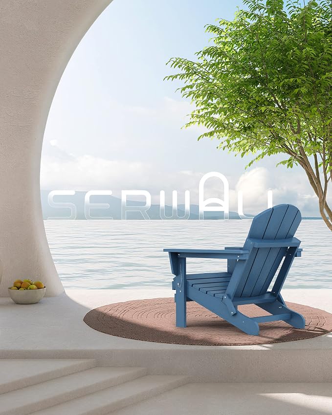 SERWALL Folding Adirondack Chair with Cup Holder Set of 6, Weather Resistant HIPS Lawn Chairs, Wooden Textured, Fire Pit Chairs for Backyard, Garden - Blue