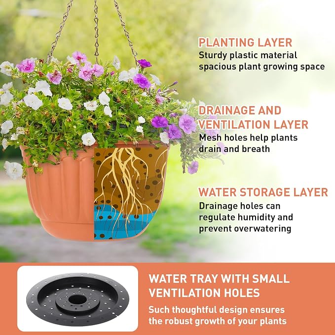 12 Sets Hanging Planters for Indoor and Outdoor Plants Self Watering Hanging Basket Flower Pots Plastic Plant Pots with Drainage Hole and Absorbing Tray(Terracotta,12 Inch)
