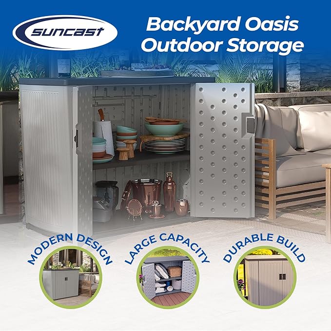 Suncast 130 Gallon Backyard Storage Shed Bundle with 31 Gallon East Oak Waterproof Deck Box for Outdoor Storage