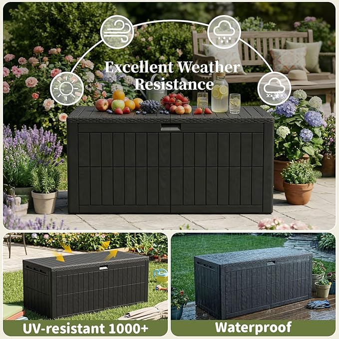 220 Gallon Outdoor Storage Box, Waterproof Lockable Resin Deck Box for Patio Furniture Cushions, Garden Tools, Pool Supplies, Extra Large Patio Storage Chest with Double Wall Design, Black