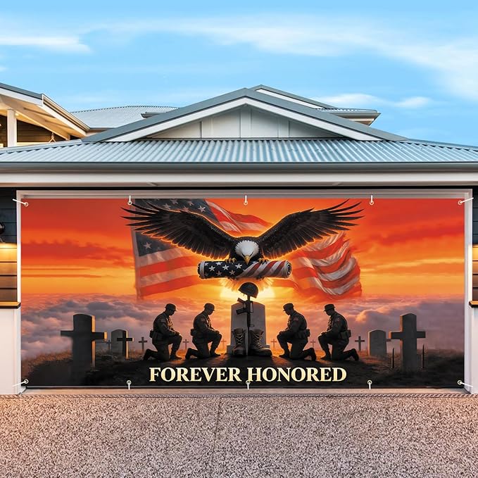 7 * 16FT Eagle USA Flag Memorial Day Garage Door Cover Decorations Independence Day Garage Door Banner for Outdoor Indoor Patriot Party Photography Backdrop