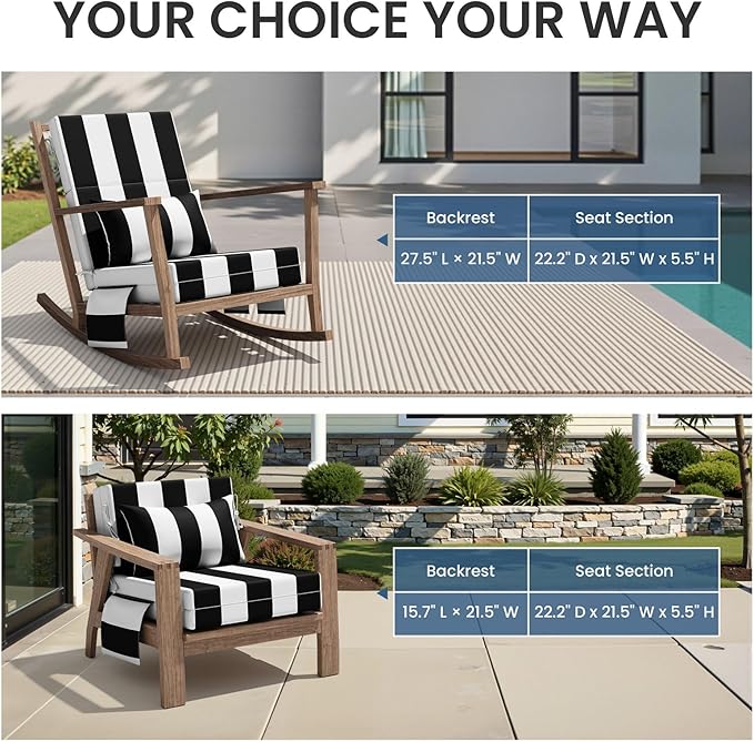 Crestlive Foldable Outdoor Chaise Lounge Cushions with Head Pillow and Side Pockets,Water Repellent & Fade Resistant Lounge Chair Cushion, 72''L x 21''W, Set of 2, Black Stripe