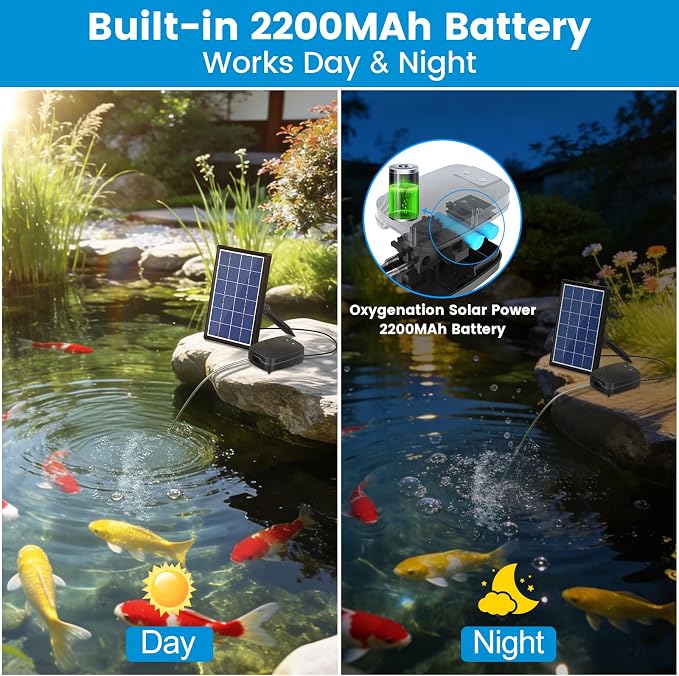 NFESOLAR 4W Solar Pond Aerator with 2200mAh Battery Backup, All-in-One Solar Air Pump, 24/7 Continuous Oxygenation, Quiet Operation, 3 Modes Bubbler, Portable for Small Ponds & Fish Tanks