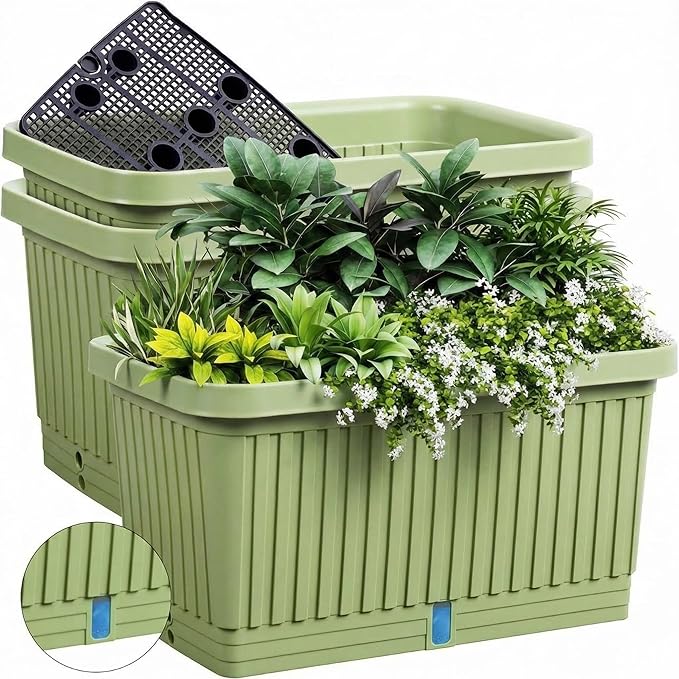 3 Pcs Large Planter Boxes Deep Rectangular Planter Boxes Outdoor Lightweight Plastic Planting Flower Pot with Drainage Holes Plant Pot for Patio, Courtyard, Lawn, Outdoor(Green,20 Inches)