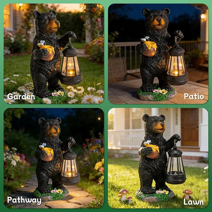 Pohabery Solar Bear Garden Statue with Lantern, Resin Bear Figurine for Outdoor Yard Lawn Porch Pathway Decor