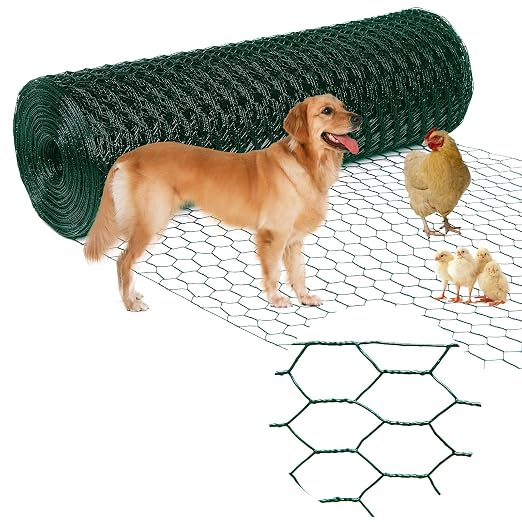 Chicken Wire 12inx150ft, Premium Chicken Wire Fencing, Chicken Wire Mesh, Green PVC Coated Metal Wire Fence, Galvanized Poultry Netting Barrier for Floral Arrangements/Craft Projects//Rabbit