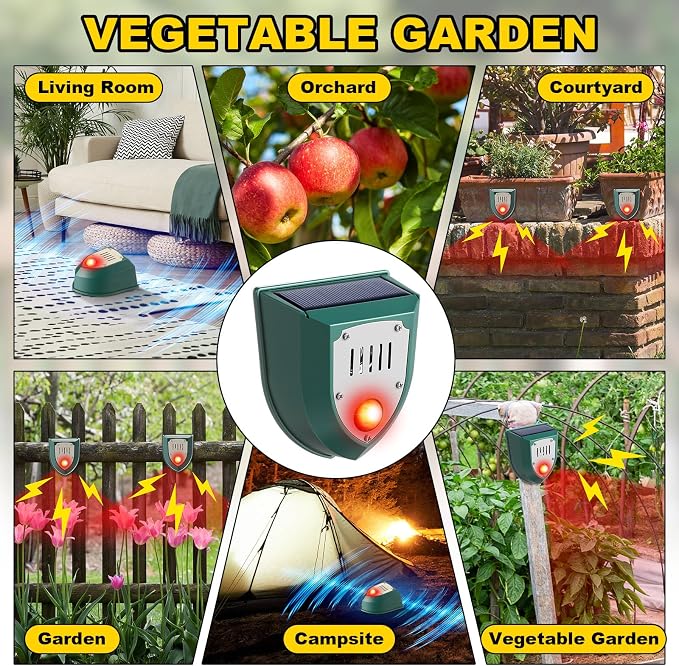 6 Pack Solar Motion Sensor Alarm Detector Outdoor Ultrasonic Animal Repellent with 129db Sound LED Strobe Light Outdoor Security Siren Deer Deterrent Raccoon Repeller for Home Yard Garden Farm