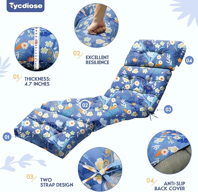 Outdoor Chaise Lounge Chair Cushion Set of 4, Waterproof 74.4 x 22 x 4.7 Inches Memory Foam Thickened Lounge Chair Cushions Replacement for Outdoor Furniture with Ties, Blue Floral