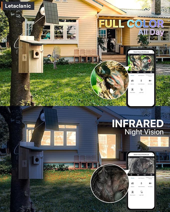 Bird House with Camera, 4MP HD Bird Houses for Outside, 2.4G WiFi & App Notify Bird Nesting & Hatching in Real Time, Auto Capture Bird Videos & Motion Detection Night Vision IP65 Waterproof