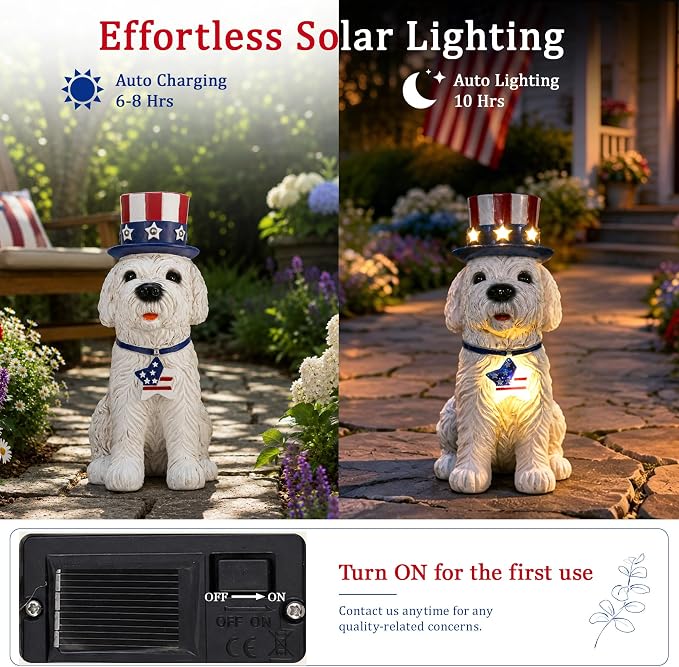 Nacome Solar Dog Garden Statue: American Flag Figurine for Patriotic Outdoor Lawn Porch Patio Yard Decorations - Gifts for Mom Grandma Women