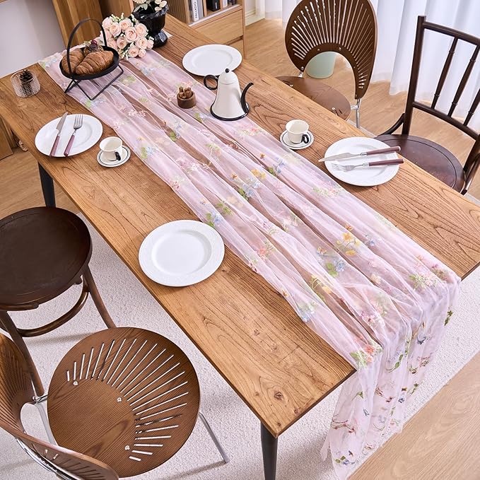 vctops 2 Packs Embroidery Lace Spring Table Runner 10ft Floral Garden Seasonal Tulle Table Runner Holiday Kitchen Dining Table Decoration for Wedding Party Baby Shower Birthday (Pink,30"x120")