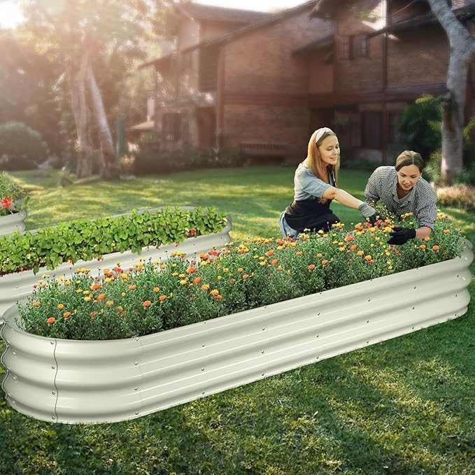 Winpull Raised Garden Bed Kit, 8x2x1 ft Galvanized Planter Box Outdoor, Oval Large Metal Raised Beds for Gardening Vegetables Flower Herb (Pearl White)