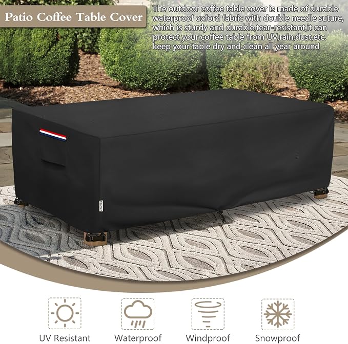 Outdoor Coffee Table Cover Waterproof, Heavy Duty Patio Rectangular Side Table Covers, 42W x 26D x 16H Inches Outdoor Tables Cover (Black)