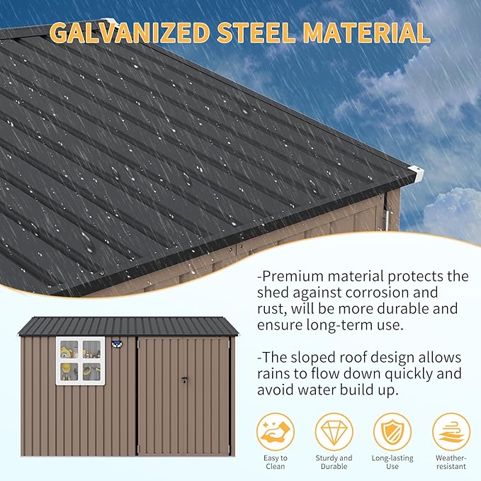 Garvee 8x10 ft Heavy-Duty Metal Storage Shed with Lockable Door & Windows - Galvanized Steel Outdoor Utility Shed with Sloped Roof for Backyard, Garden, Garage, and Patio, Brown