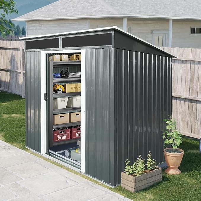 6FT x 5FT Outdoor Storage Shed, Heavy Duty Galvanized Steel Garden Shed with Sloped Roof, Sliding Lockable Doors, Punched Vents & Foundation Kit, Weather Resistant Tool Shed for Backyard, Black+White