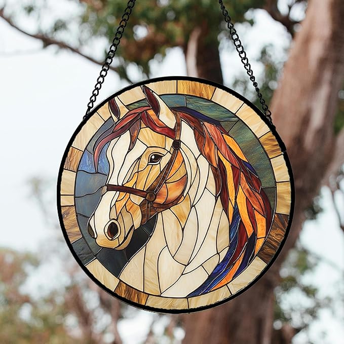 DASTOLL Stained Glass Window Hanging, Animal Horse Colored Mane Sun Catchers Glass Panel Cool Suncatcher Decor for Birthday for Women, Men, Wife, Aunt, and Mom 14.9x14.9 in