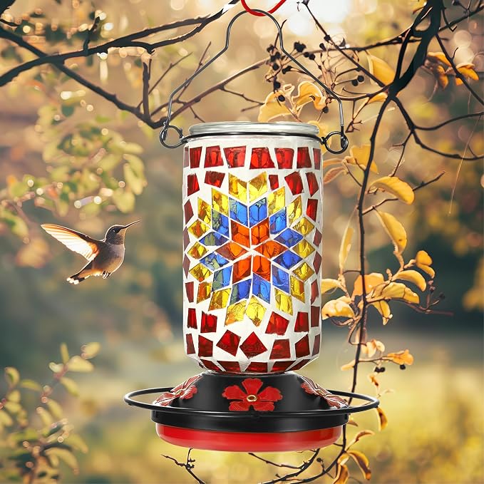 Glass Hummingbird Feeder, Red Hummingbird Feeders for Outdoors Hanging, 19 Ounces, Mosaic Flower Bottle Easy to Clean, 5 Feeding Ports, Ant Moat Included