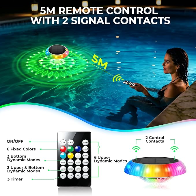 Solar Floating Pool Lights, 6.4" Solar Pool Lights that Float, RGB Upper and Lower Floating Pool Light Solar Powered, IP67 Waterproof, 57 Modes, 3 Timers for Above Ground Pools, Bathtub & Party, 4 PCS